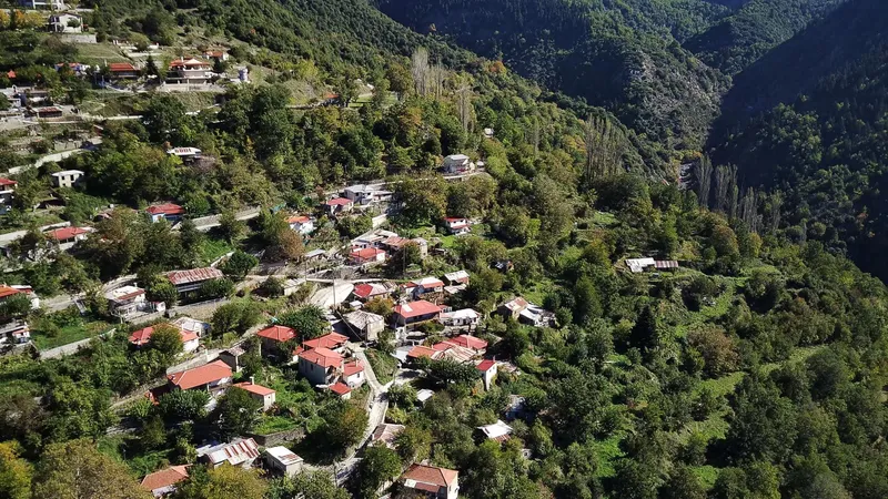 Το χωριό από ψηλά, με κόκκινες στέγες μέσα στο πράσινο