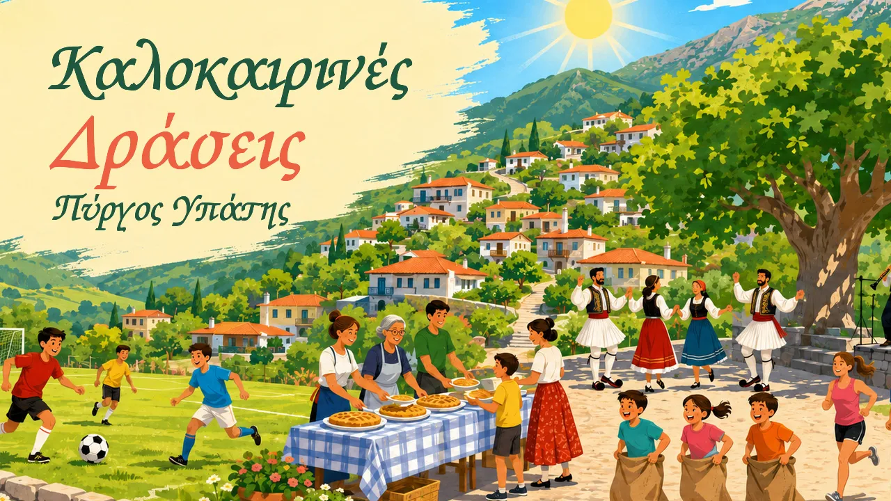 Καλοκαιρινές Δράσεις, Πύργος Υπάτης: παιδιά παίζουν μπάλα, οι γυναίκες μοιράζουν πίτες και συγχωριανοί χορεύουν στον πλάτανο